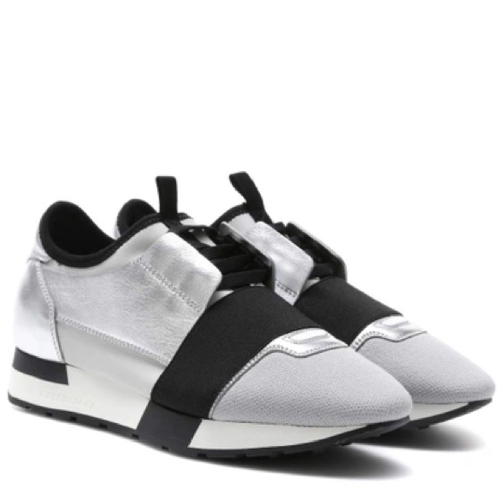 $695 BALENCIAGA Metallic Silver Race Runner Sneaker size 37 fits like 6.5